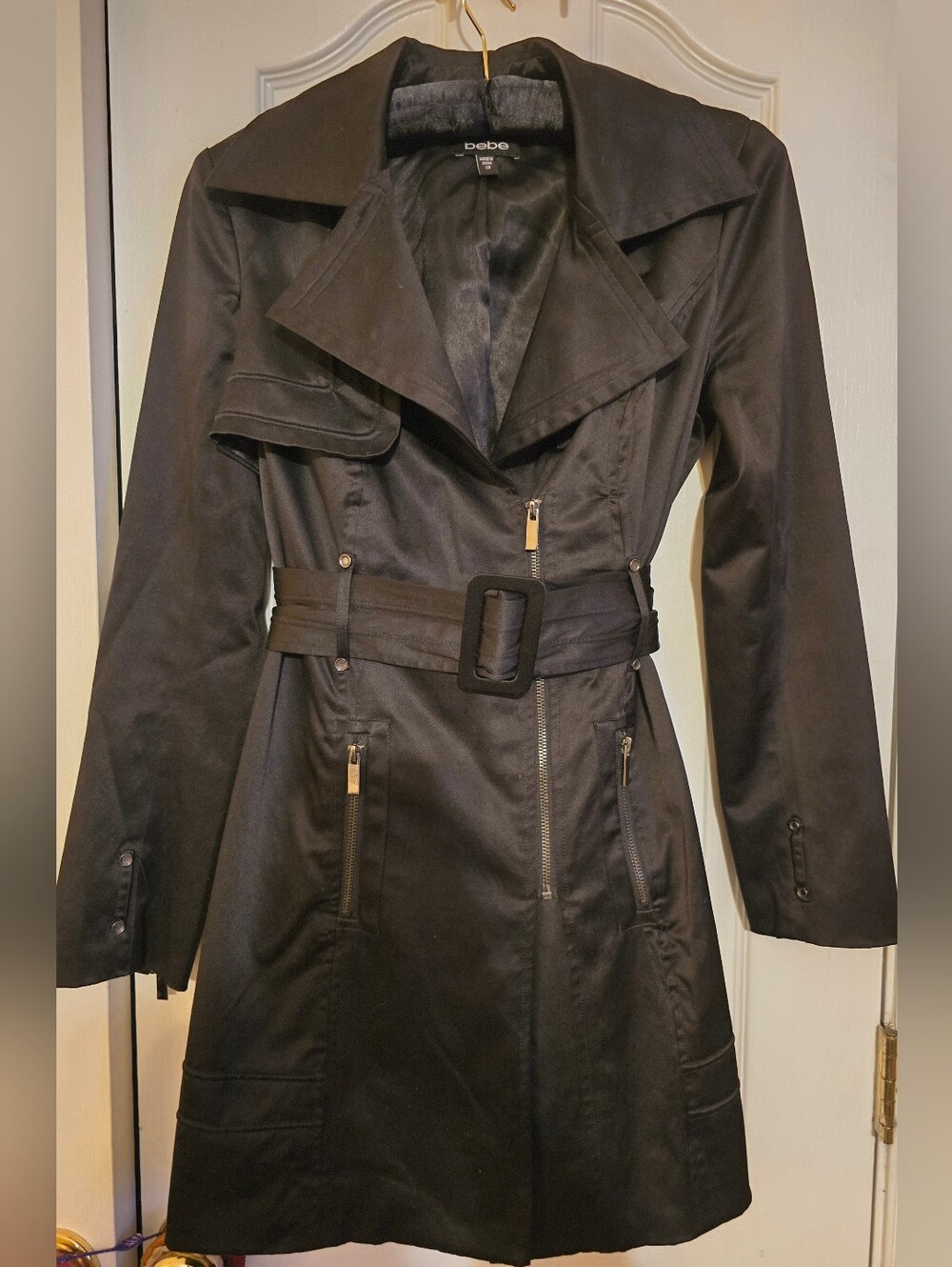 Bebe Black Y2K Vintage Satin Dress Trench Coat Jacket Belted EUC